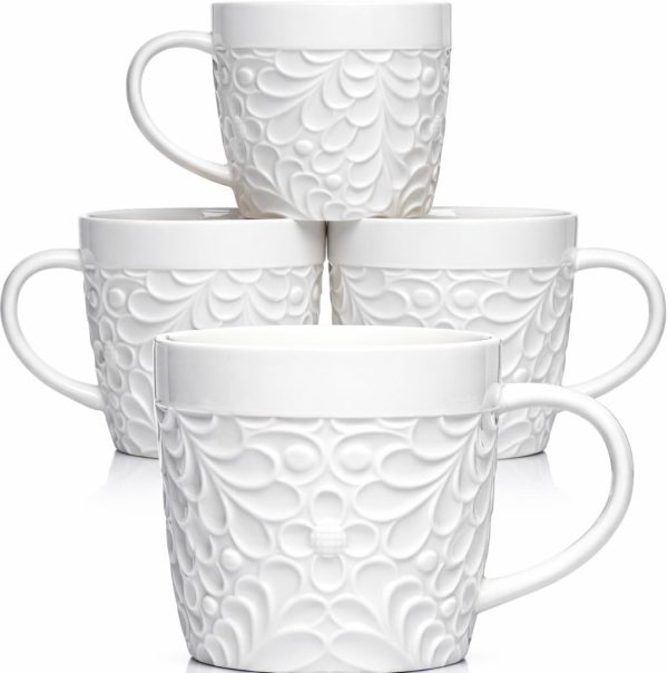 16 oz Ceramic Coffee Mugs Set of 4 – Embossed Nature Inspired Design, Comfortable Grip Handle – Large Latte & Tea Cups, Modern Farmhouse Style – Microwave & Dishwasher Safe