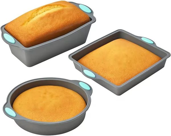 3 Piece Silicone Cake Pan Set for Air Fryer and Oven – Square, Rectangular and Round Non Stick Baking Molds, Food Grade, Heat Resistant & Easy Release  