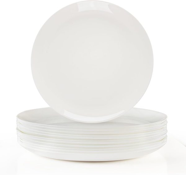 Dinner Plates Set of 12, 10 1/2 inch Glass Salad Plate Set Scratch Resistant, Kitchen White Plates for Serving Dishes, Microwave and Dishwasher Safe