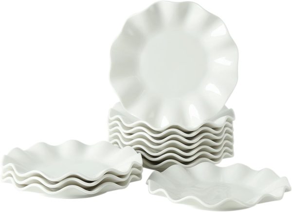 12 Pieces 7 Inch Porcelain Dessert Plates, Wavy Rim Appetizer Dinnerware Sets, Small Dinner Plates, Scratch Resistant, Microwave, Oven and Dishwasher Safe, White