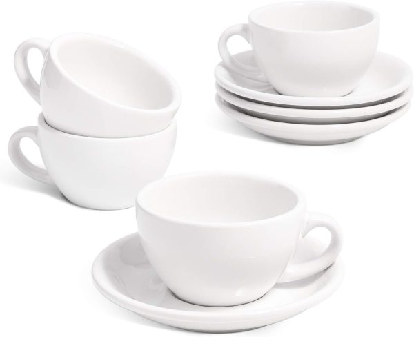Cappuccino Cups with Saucers 6 oz, Set of 4 Ceramic Coffee Cup and Saucer Set for Latte, Au Lait, Flat White, Mocha, Tea, Embossed Coffee Cups, White
