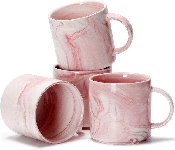 12 oz Stackable Coffee Mugs for Office, Novelty Marble Ceramic Tea Cups for Boy Girl lover Women Men, Set of 4, Pink