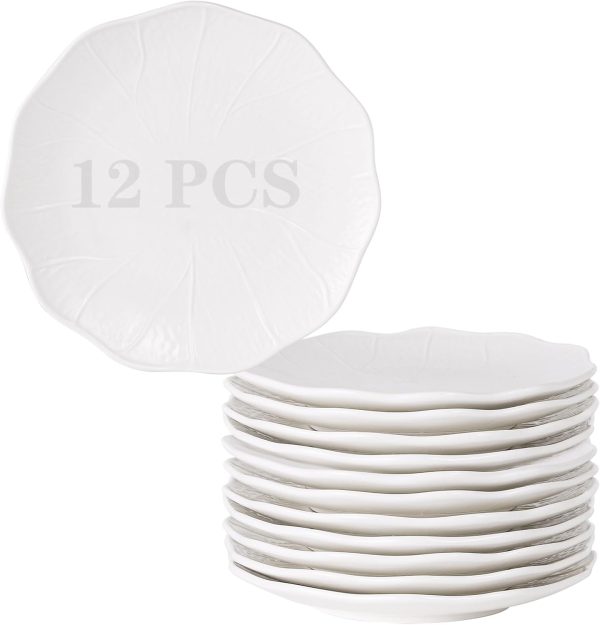 7 Inch Porcelain Dessert Plates 12 Pcs, Appetizer Plates, Relief Design Lotus Leaf Texture Dinnerware Sets, Small Dinner Plates, Scratch Resistant, Microwave, Oven and Dishwasher Safe, White