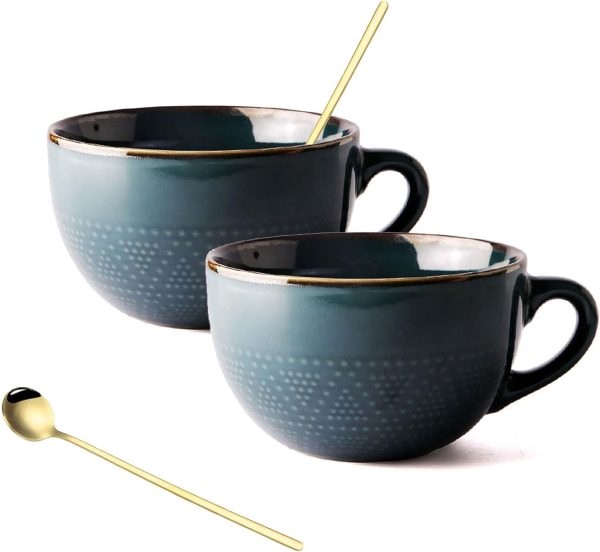 700 ML Large Ceramic Coffee Mug 2 Set with Coaster and Spoon,Grain Soup Cup/Coffee Mug/Salad Bowl for Coffee, Tea, Ice Cream, Cereal (Dark green 2 set)