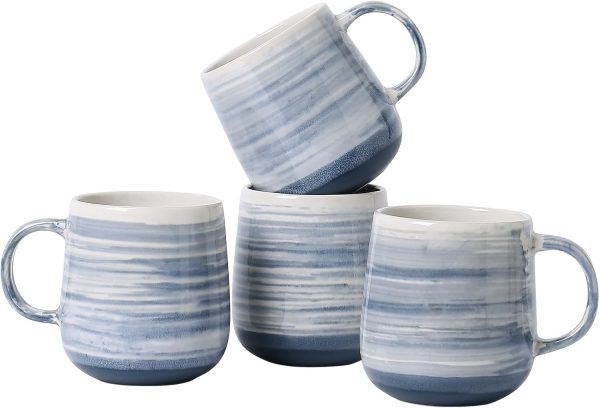 Coffee Mugs, Set of 4 Ceramic Mugs with Blue and White Gradient Stripes, 12oz Modern Cups with Comfortable Handle   Dishwasher & Microwave Safe, Design for Home, Office, Daily Use