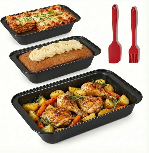 Baking Sheet Pan Set of 3, Nonstick Rectangle Bakeware, Oven Pan, Stackable Multi Depth, Black, Rust & Warp Resistant, Easy Clean, Carbon Steel (3 Piece Set)