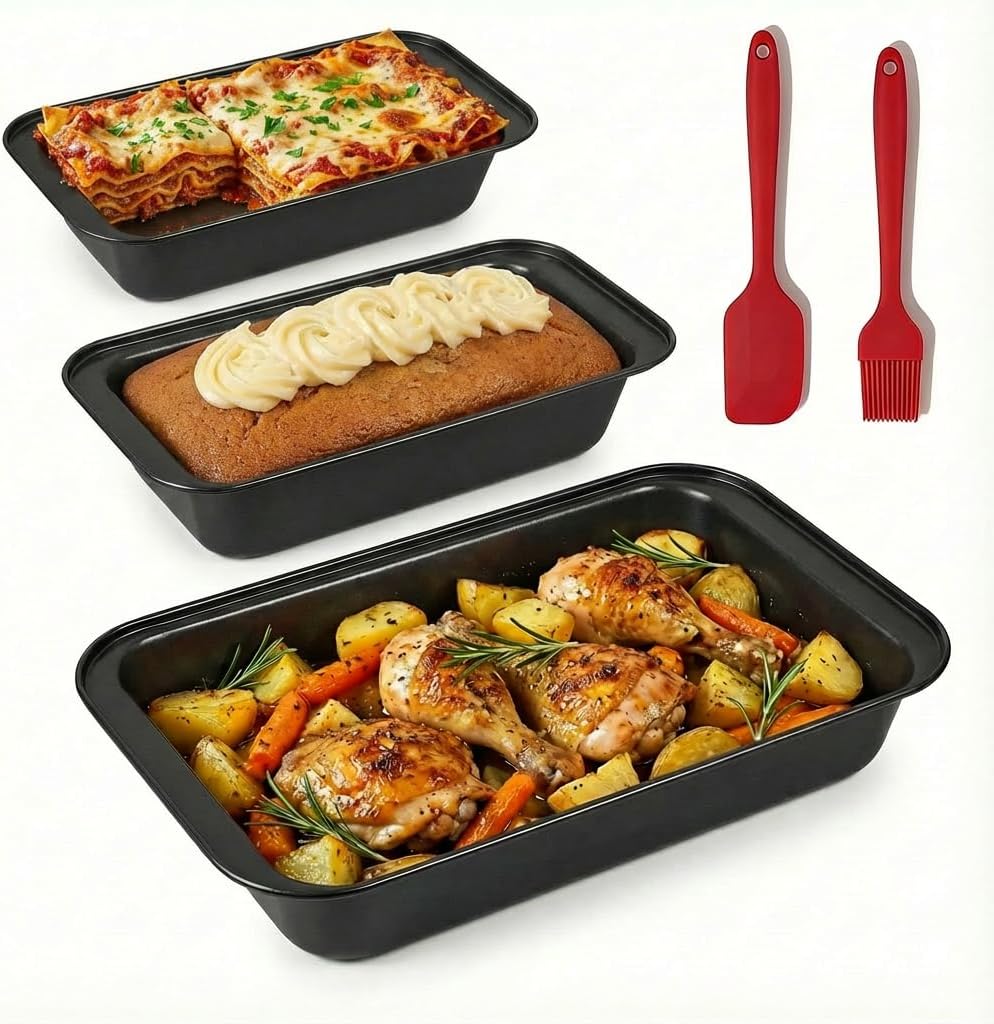 Baking Sheet Pan Set of 3, Nonstick Rectangle Bakeware, Oven Pan, Stackable Multi Depth, Black, Rust & Warp Resistant, Easy Clean, Carbon Steel (3 Piece Set)
