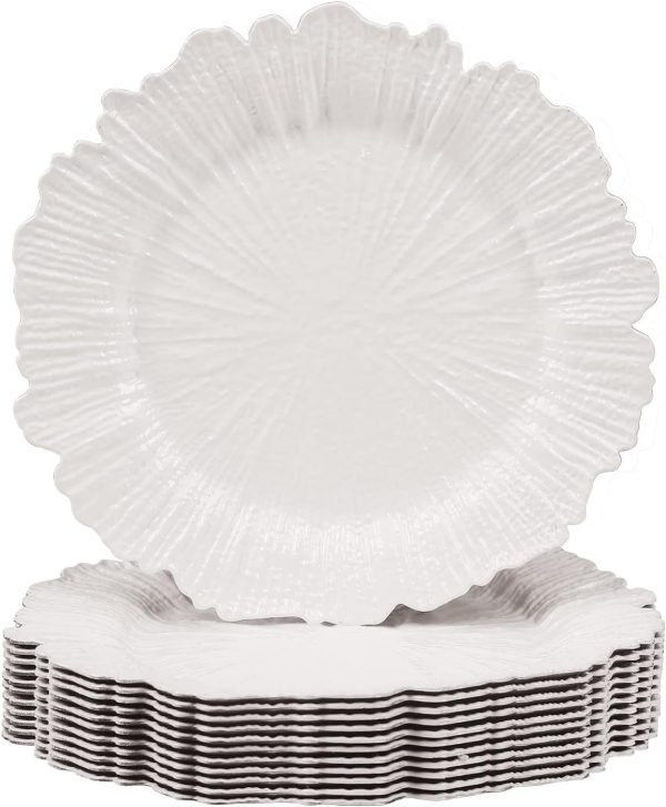 White Charger Plates Set of 12, Reef Plate Chargers for Dinner Plate, Plastic Decorative Plates for Table Setting, Thanksgiving, Christmas