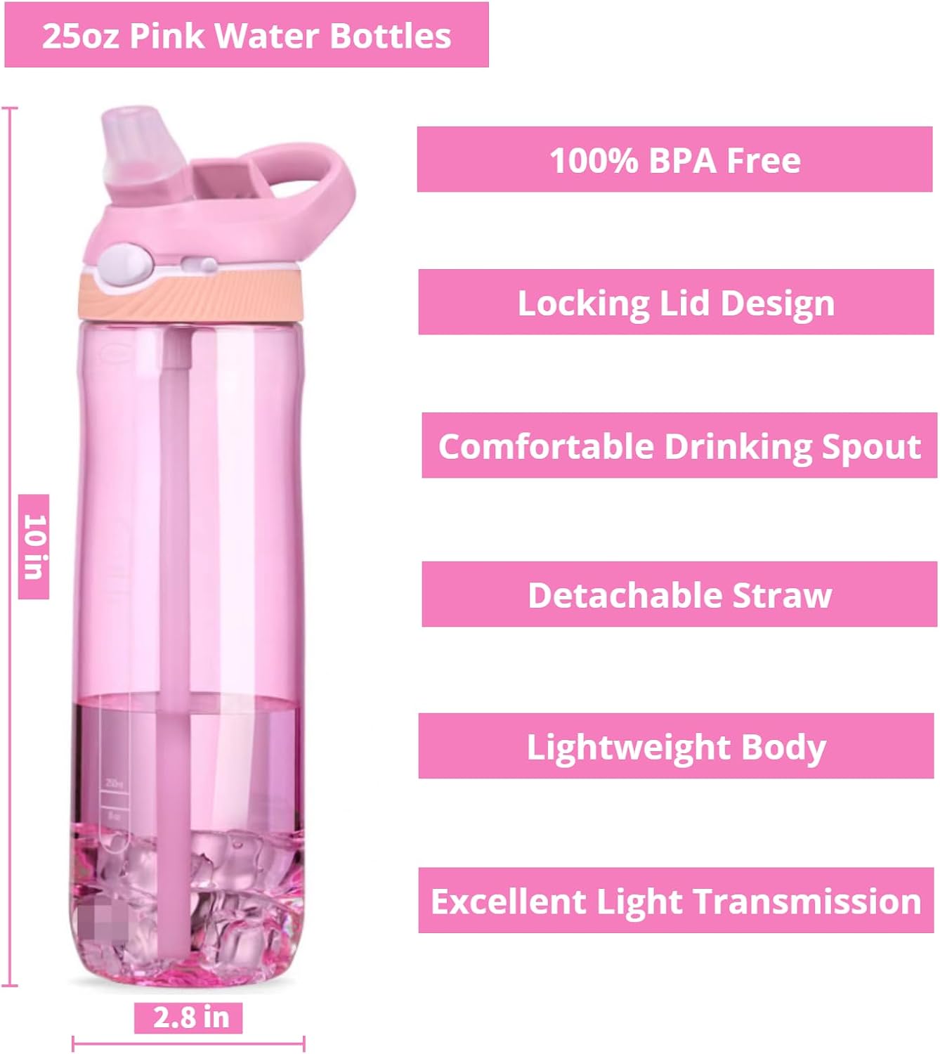 25oz Pink Water Bottle with Clip Handle and Locking Lid, Reusable Travel Tritan Water Bottle with Straw and Sports Plastic Water Bottle Pink Image 2