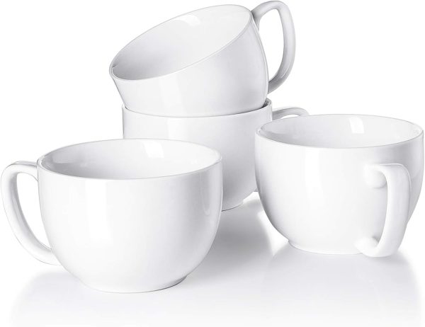 16oz Large Coffee Mugs Set of 4 Thick White Porcelain Cups for Cappuccino, Latte, Tea & Hot Chocolate Dishwasher Safe Ceramic with Comfort Grip Handles