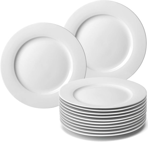 12 Piece White Porcelain Dinner Plates, Round Dessert or Salad Plate, Serving Dishes, Dinnerware Sets, Scratch Resistant, Lead Free, Microwave, Oven and Dishwasher Safe (10 5 inch)