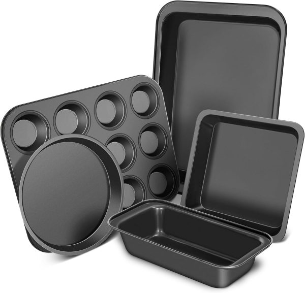 Baking Pans Set, 5 Piece Nonstick Bakeware Sets with Round/Square Cake Pan, Muffin Loaf Roast Pan, Baking Sheets for Oven, Kitchen Cookware Sets Baking Tray Baking Supplies, Black