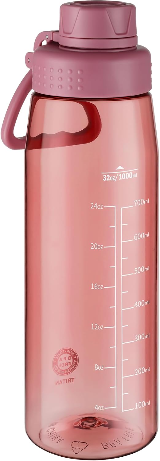 32oz Clear Water Bottle BPA Free Tritan Plastic, Fast Flow Spout Lid, Wide Mouth & Leakproof Design Hiking Water Bottle Suitable for Travel, Outdoors, Gym, Travel, Home, School(Red)