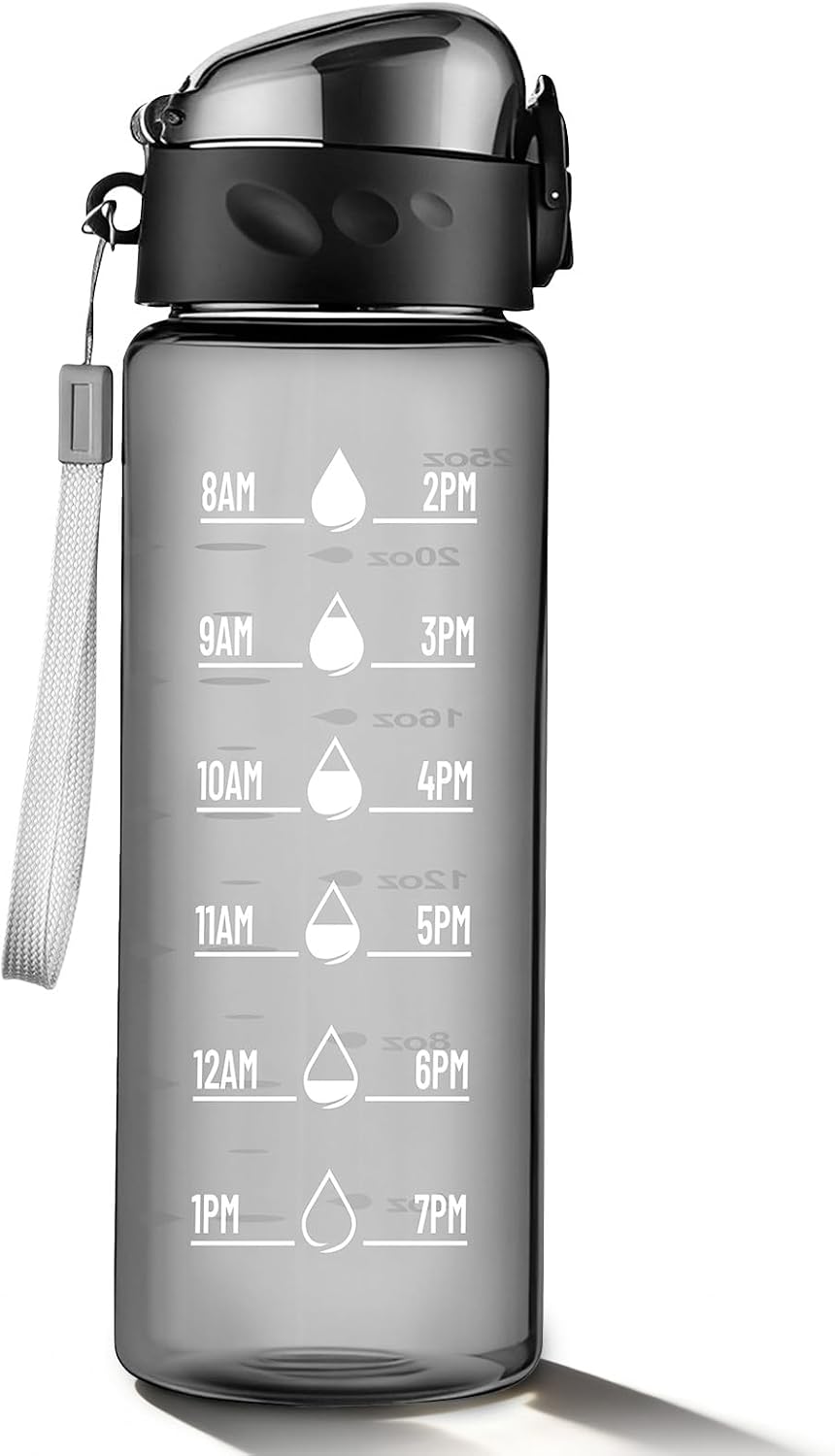 Clear Water Bottle, Wide Mouth Leakproof Water Bottle with Time Marker, 26OZ Plastic Water Bottles, Lightweight for Sports, Travel, Black