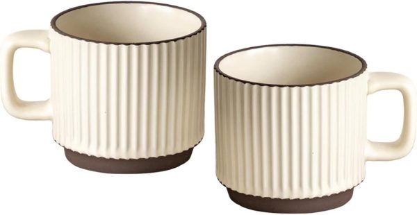 Stackable Coffee Mugs Set, Ceramic Espresso Cups for Au Lait, Cappuccino,Latte,Cafe,Mocha,Tea, Embossment Cups Suit For Housewarming Wedding  8 oz, Set of 2,Beige&Brown