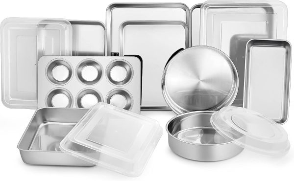 Stainless Steel Bakeware Set, 13 Piece Metal Baking Roasting Pans with Lid, Rectangular/Square/Round/Lasagna/Loaf/Muffin Cake Pans, Non Toxic & Sturdy, Smooth & Dishwasher Safe