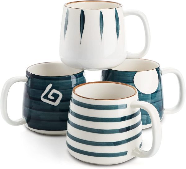 Set of 4 Porcelain Coffee Mugs, 17 Oz Ceramic Coffee Cups with Handles, Large Hand Painted Tea Cups for Cappucino, Milk, Latte, Cocoa, Hot or Cold Drinks, Microwave & Dishwasher Safe
