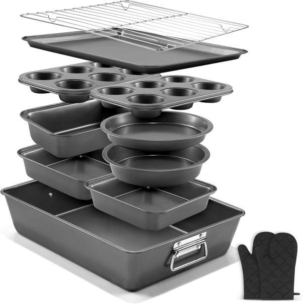 12PCS Nonstick Bakeware Set, Non Toxic Carbon Steel Baking Pans Set with Wider Grip, Includes Roasting Pan, Cookie Sheet, Cake Pans, Muffin Pans, Cooling Rack, Oven Mitts, Easy Release