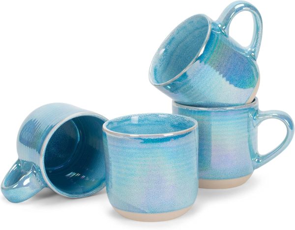 Glossy Reactive Glaze Large 17 Fluid Ounce Everyday Kitchen Food Grade Ceramic  Coffee Mug Cup with Comfort Curved Handles, Set of 4, Blue