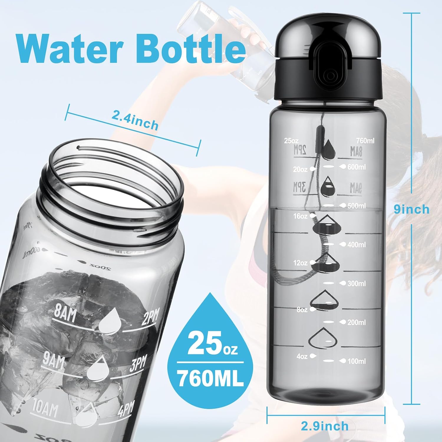 Clear Water Bottle, Wide Mouth Leakproof Water Bottle with Time Marker, 26OZ Plastic Water Bottles, Lightweight for Sports, Travel, Black Image 2