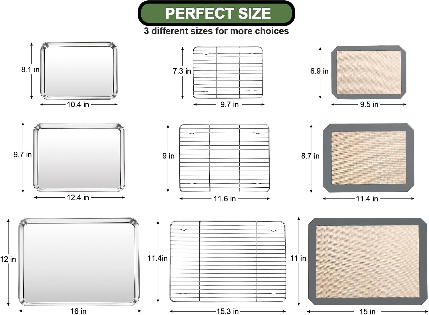 Baking Sheet Tray Cooling Rack with Silicone Mat Set, Stainless Steel Cookie Pan For Oven, Set of 9 (3 Sheets + 3 Racks Mats), Warp Resistant & Heavy Duty & Easy Clean, Grey Image 2