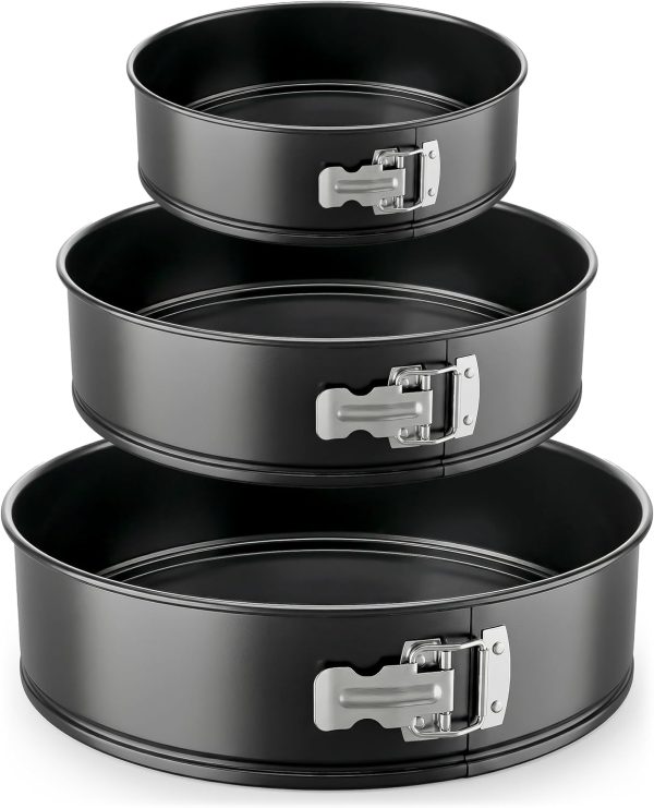 3 Piece Nonstick Springform Pan Set Premium Carbon Steel Cheesecake Pans with Stainless Steel Clasp 6", 8", 10" Sizes, Oven Safe up to 450°F Includes 300pcs Parchment Paper (Black)