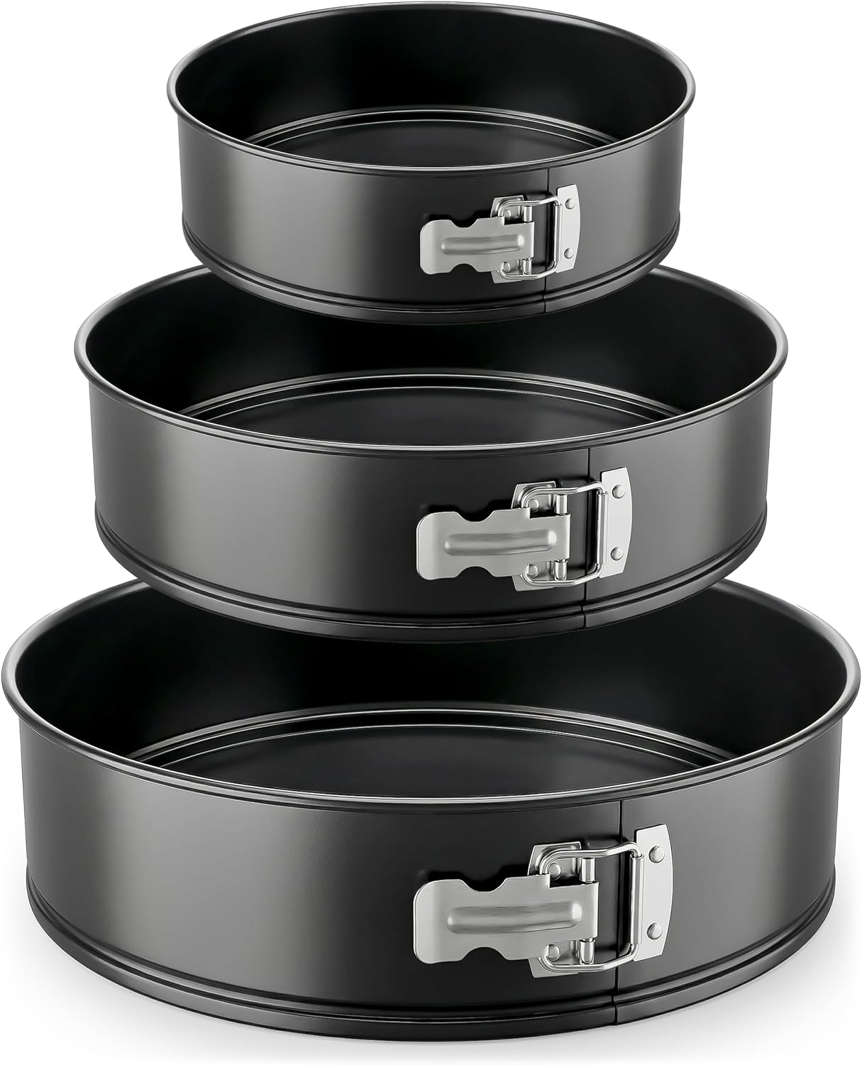 3 Piece Nonstick Springform Pan Set Premium Carbon Steel Cheesecake Pans with Stainless Steel Clasp 6", 8", 10" Sizes, Oven Safe up to 450°F Includes 300pcs Parchment Paper (Black)