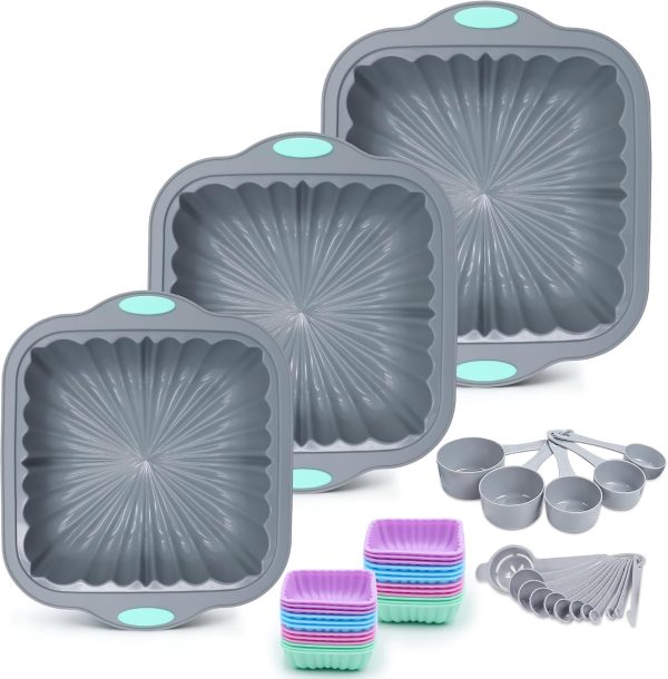 44 Pieces Silicone Square Cake Pans Set, 3 Sizes Silicone Fluted Cake Pan with Reusable Baking Cups, Food Grade Baking Molds for Brownie, Bread, Muffin, Light Grey