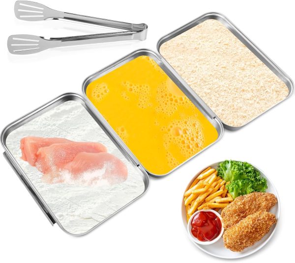 3 Set Stainless Steel Breading Trays Set with Clip Breading Pans with Tong for Marinating Meat, Chicken, Fish Coating Trays Can Be Applied to Baking Cake Oven Safe