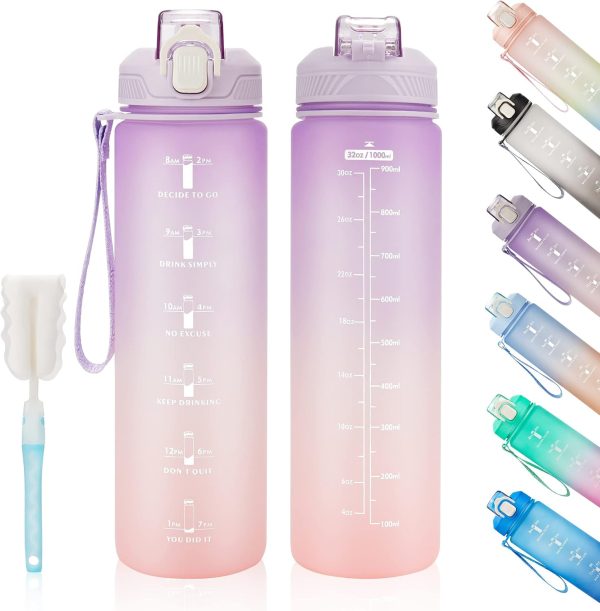 Motivational Water Bottle with Time Marker 32oz Water Bottles with Times to Drink, Leakproof & BPA Free Sports Water Bottle with Straw & Carry Strap for Fitness, Gym, and Outdoor Sports