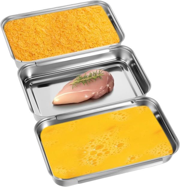 Set of 3 Breading Pans Large Breading Trays Stainless Steel Breading Set for Marinating Meat, Chicken, Fish, Food Prep Trays, Oven Safe