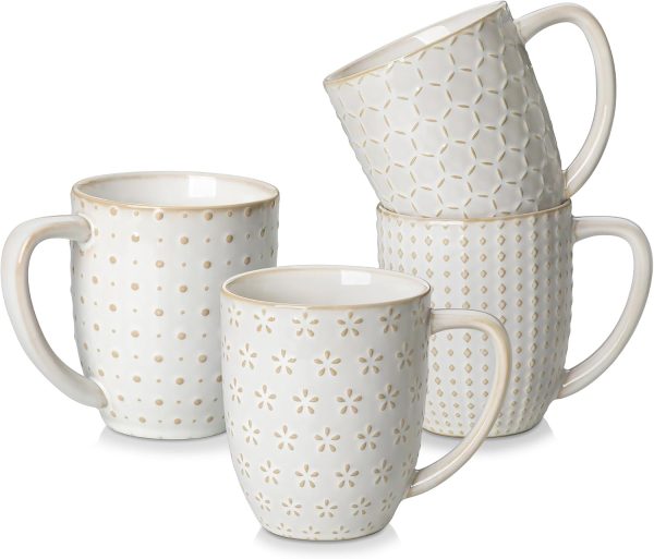 Coffee Mugs, 16 OZ Ceramic Mugs Set of 4 with Handle, Embossment Cups for Latte, Hot Tea, Cappuccino, Mocha, Cocoa, Dishwasher & Microwave Safe Gift Set, White