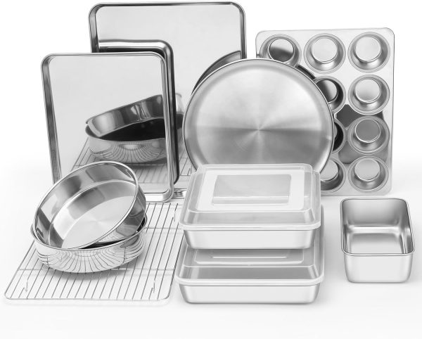 12 Piece Bakeware Sets, Stainless Steel Baking Pan Set Includes Cookie Sheet, Round Square Rectangle Cake Pans with Lids, Multi Functional for Loaf Muffin Pizza, Non toxic & Dishwasher Safe