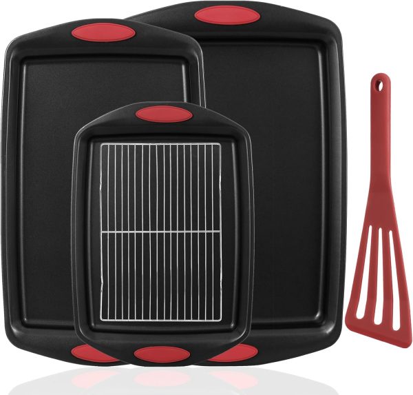 5 Piece Nonstick Baking Pans Set   Premium Carbon Steel Bakeware with PFOA/PFOS/PTFE Free Coating, Red Silicone Handles (Black Red)