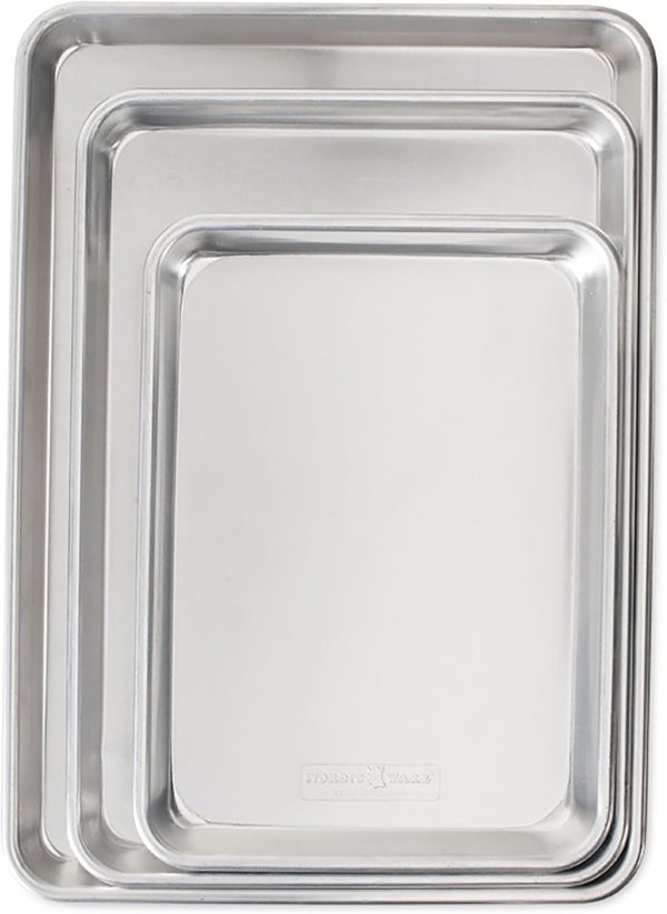 3 Piece Set Aluminum Commercial Quality Sheet Pan for Baking or Roasting, Encapsulated Galvanized Steel Rim Prevents Warping; Half Sheet, Jelly Roll and Quarter Sheet
