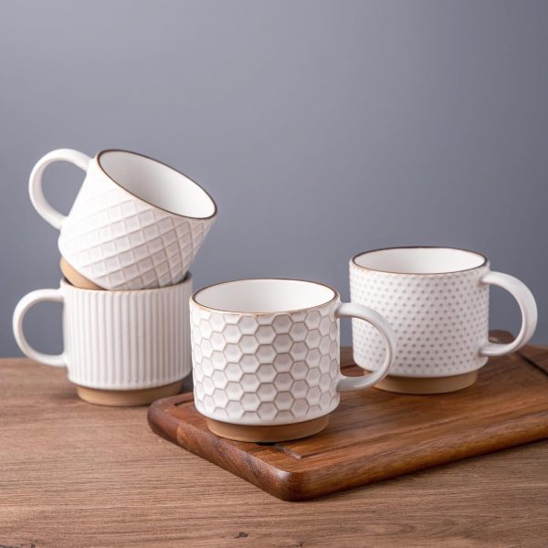12OZ Stackable Coffee Mugs, Ceramic Coffee Mugs with Texture Patterns for Man,Woman,Dad,Mom, Modern Coffee Mugs Set of 4 for Latte/Cappuccino/Cocoa Dishwasher&Microwave Safe, Off White
