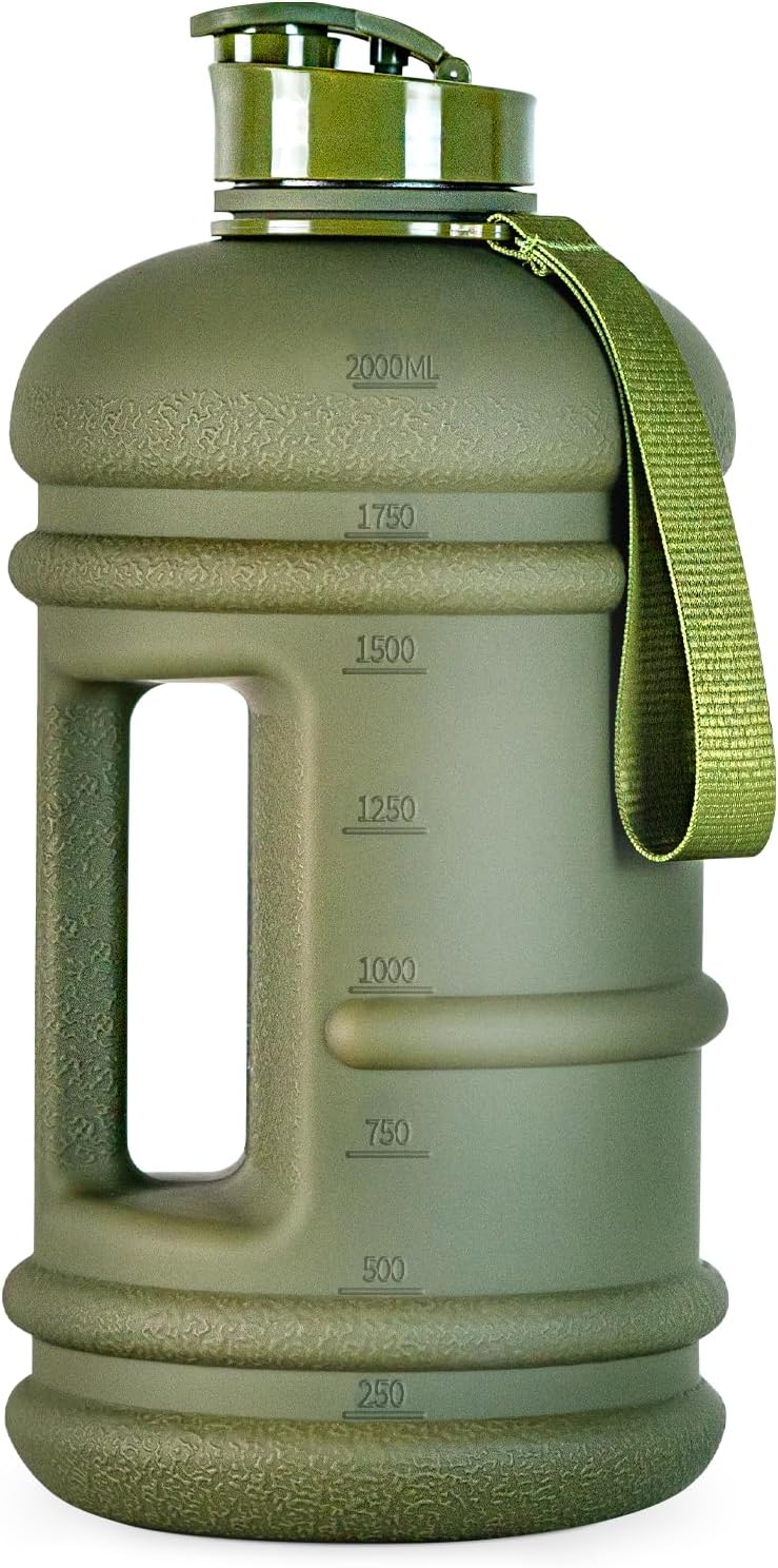 2 2 Liters Gym Big Sports Water Bottles for Men Reusable BPA Free Plastic Clear Water Jug Unique Water Bottles, Comfurtable to Touch and Easy to Clearn Matte Olive Water Boottle