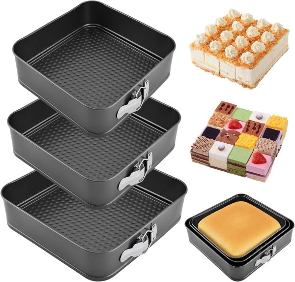 Springform Pan Set of 3 (9,10,11 Inch)   Square Shaped Leakproof Cheesecake Pans with Removable Bottom, Nonstick Carbon Steel Cake Tin for Valentine‘s Day, Anniversary Baking (Square)