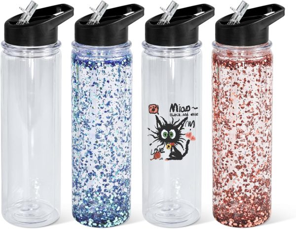 18oz 4 Pack Double Wall Clear Water Bottle Bulk Plastic Snow Globe Tumbler with Handle Lid, Acrylic Pre Drilled Hole With Stopper Sippy Snow Globe Water Bottle for Scool Sport DIY Gift