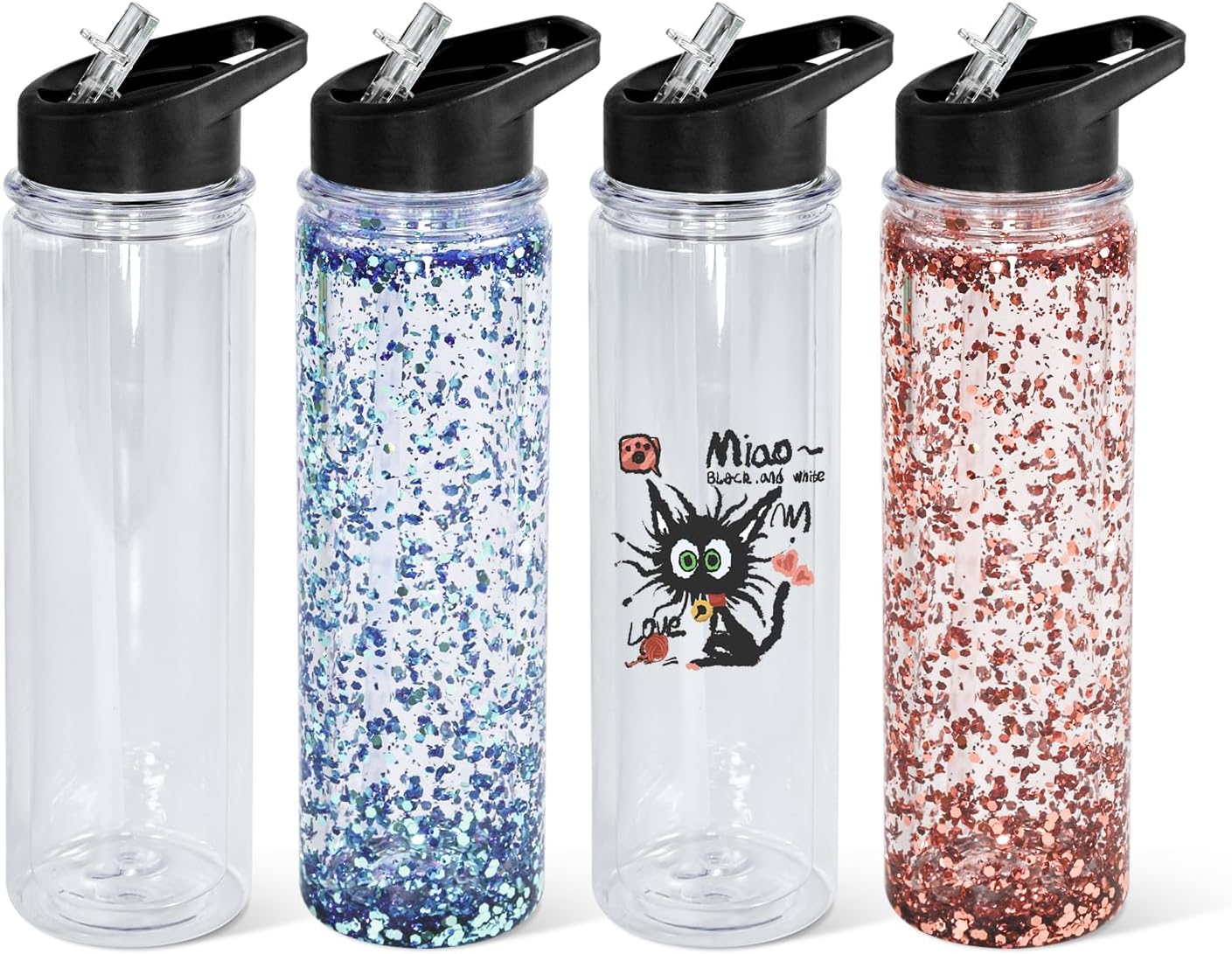 18oz 4 Pack Double Wall Clear Water Bottle Bulk Plastic Snow Globe Tumbler with Handle Lid, Acrylic Pre Drilled Hole With Stopper Sippy Snow Globe Water Bottle for Scool Sport DIY Gift