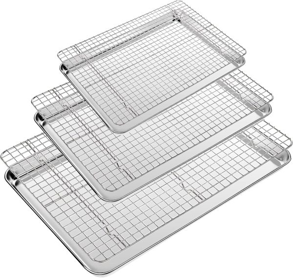Baking Sheet with Wire Rack Set of 6 (3 Cookie Sheets for baking + 3 Cooking Racks), Stainless Steel Stainless Steel Baking Pans Set with Cooling Rack   Heavy Duty & Dishwasher Safe