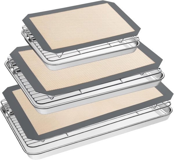 Baking Sheet Tray Cooling Rack with Silicone Mat Set, Stainless Steel Cookie Pan For Oven, Set of 9 (3 Sheets + 3 Racks Mats), Warp Resistant & Heavy Duty & Easy Clean, Grey