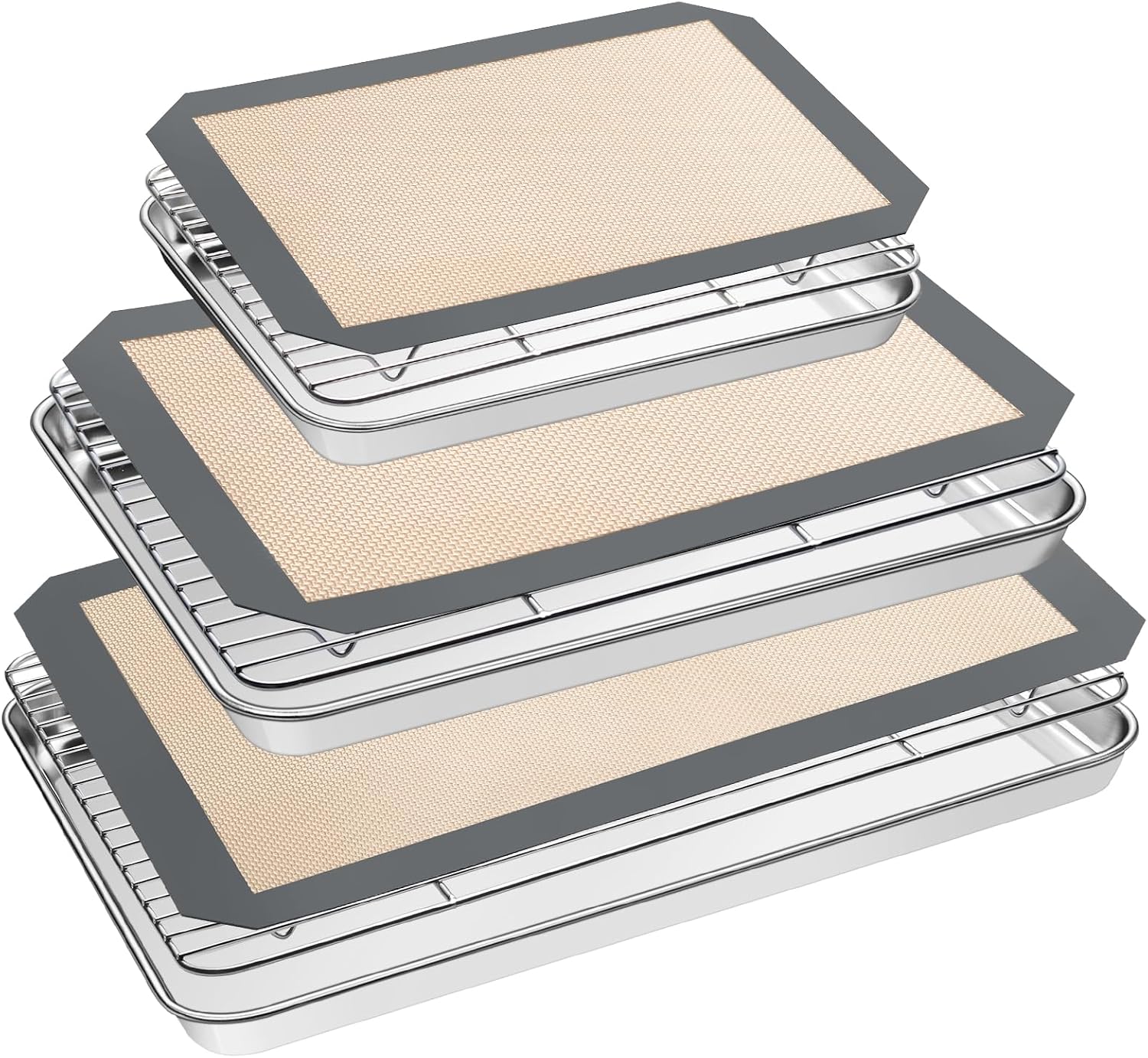 Baking Sheet Tray Cooling Rack with Silicone Mat Set, Stainless Steel Cookie Pan For Oven, Set of 9 (3 Sheets + 3 Racks Mats), Warp Resistant & Heavy Duty & Easy Clean, Grey