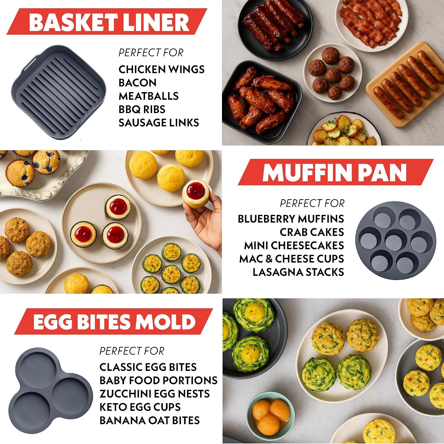 Air Fryer Accessories Set 3 Piece Silicone, Liner, Egg Bite Cooker, 7 Hole Cupcake Mold, BPA Free, Nonstick, Heat Resistant 445°F, Dishwasher Safe, Food Grade Image 2