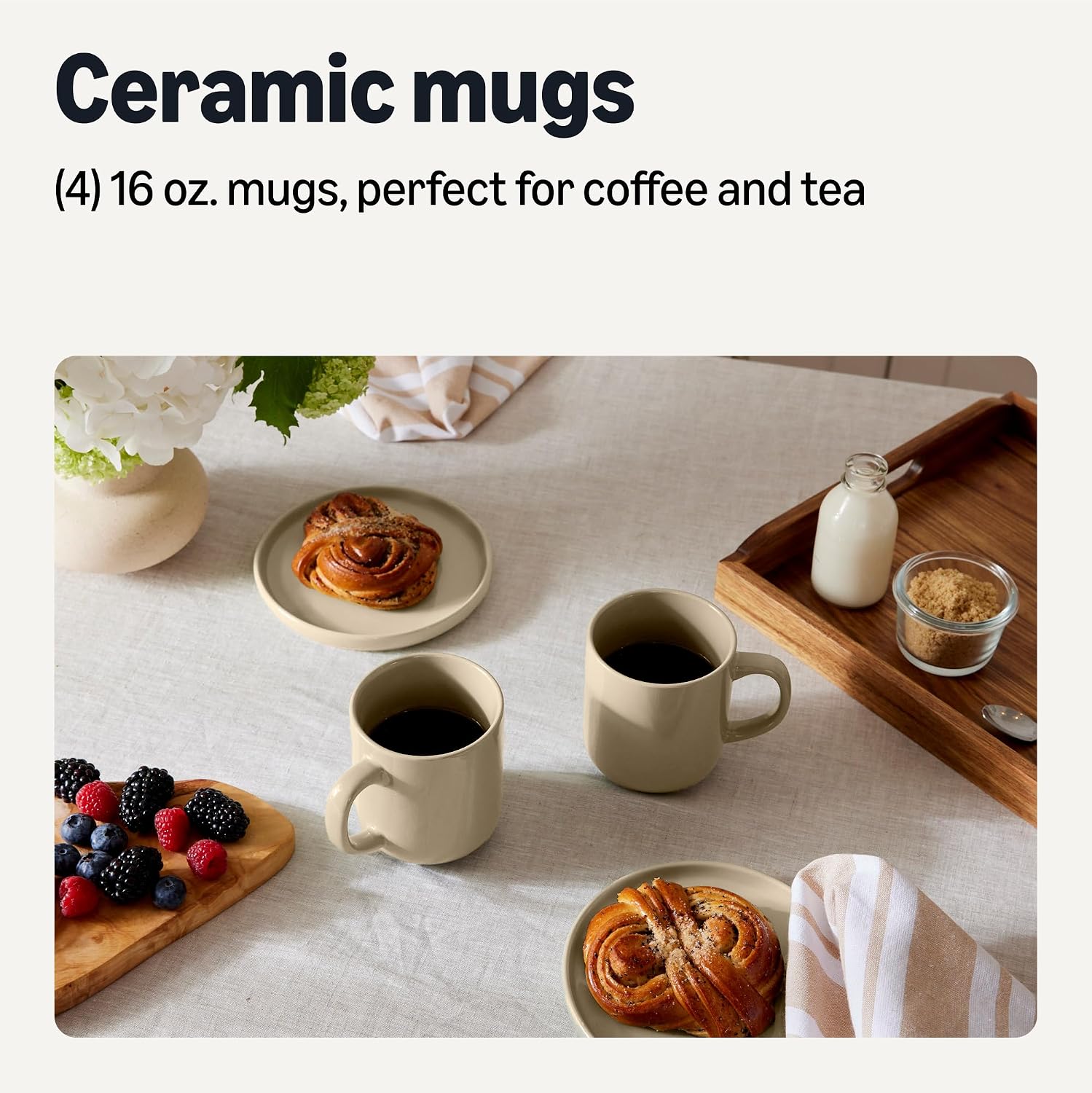 Ceramic Coffee Mugs, Ceramic 4 Piece Set, 16 oz, Microwave and Dishwasher Safe, Linen Gray Image 2
