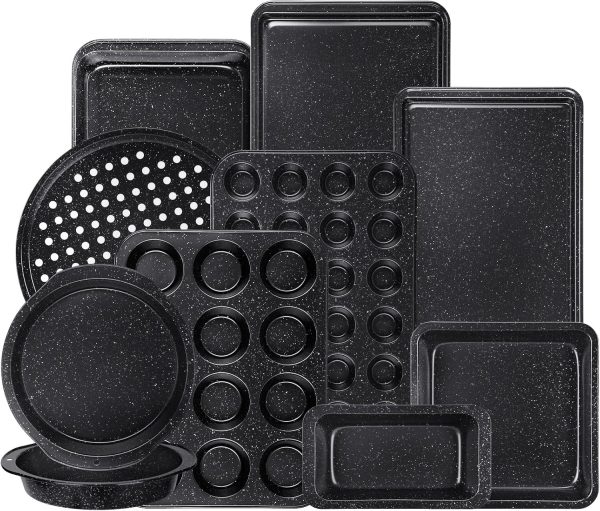 10 Piece Baking Pans Set, Bakeware Sets Nonstick, Baking Set for Oven Cooking, Stackable Carbon Steel Set Include Cookie Sheets, Muffin Pan, Cake Pan, Pizza Pan, Loaf Pan, Roasting Pan, Black