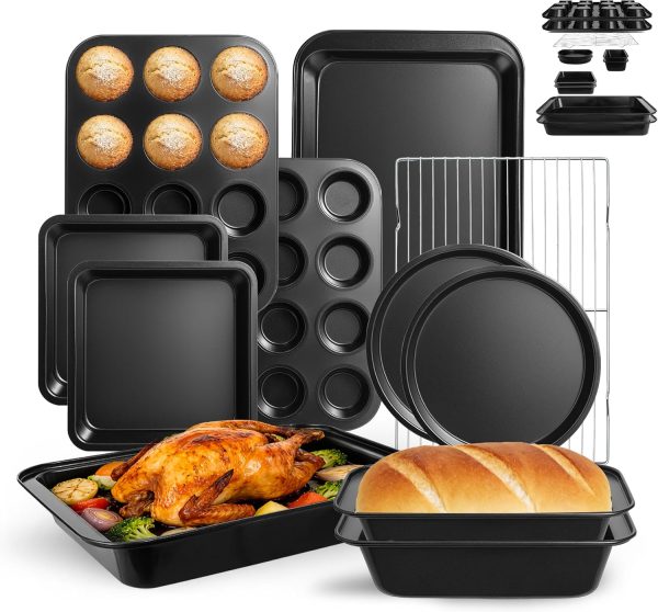11 Piece Nonstick Baking Pans Set   Professional Grade Carbon Steel Bakeware with Premium Coating  Dishwasher Safe, Stackable, Oven Safe to 450°F (Black)