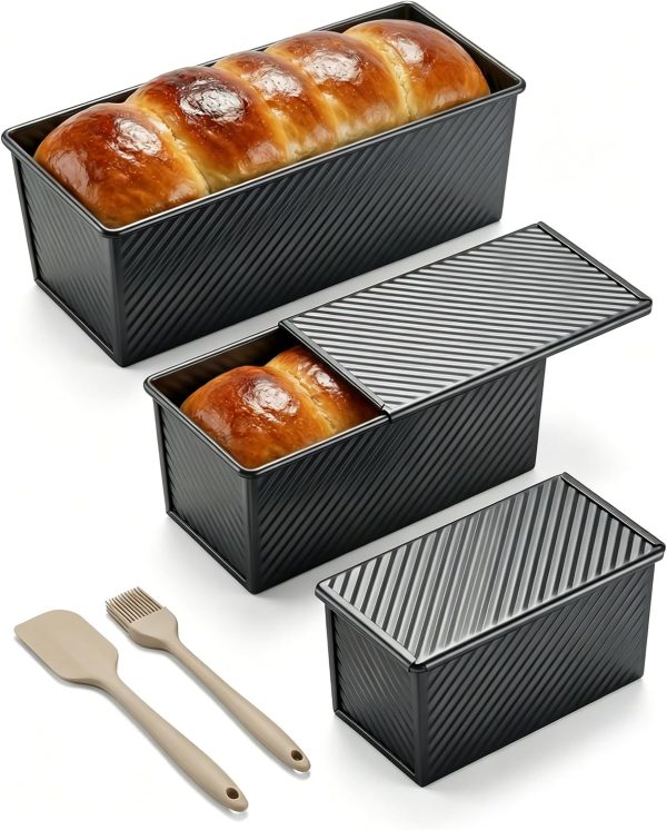 3 Piece Pullman Loaf Pan with Lid Set – Non Stick Carbon Steel Bread Pan with Bottom Vents – Includes Large (12 4"), Medium (8 2") & Mini (6 3") Sizes plus Silicone Tools – Classic Black