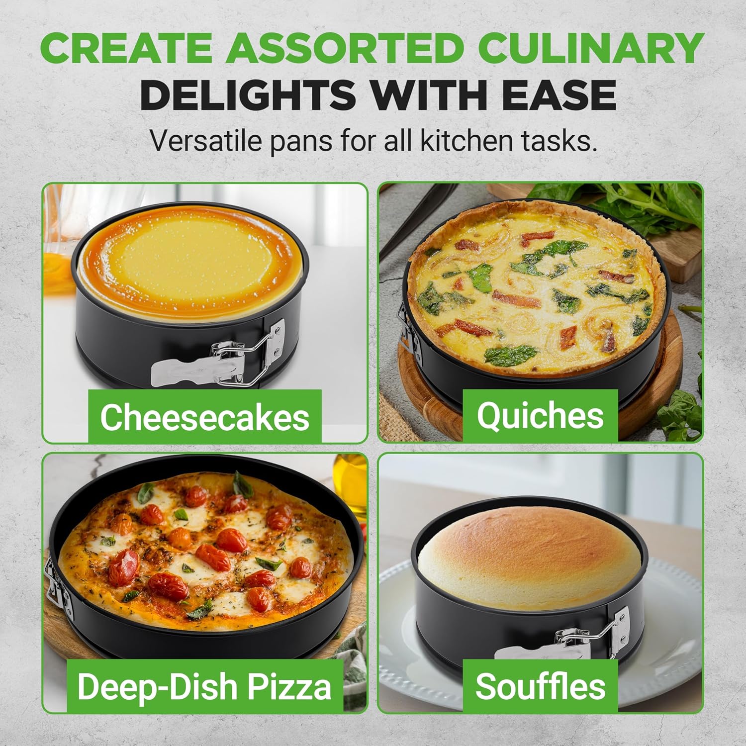 3 Piece Nonstick Springform Pan Set Premium Carbon Steel Cheesecake Pans with Stainless Steel Clasp 6", 8", 10" Sizes, Oven Safe up to 450°F Includes 300pcs Parchment Paper (Black) Image 2